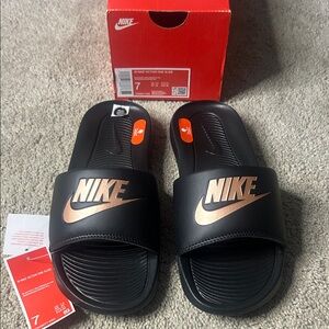Nike Black Slides with Rose Gold Accents